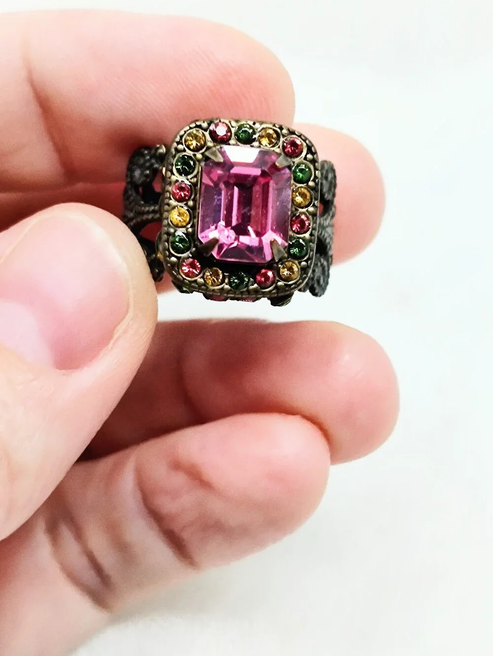 Sorrelli Juicy Fruit Statement Vintage Adjustable Ring Pink Green Stones